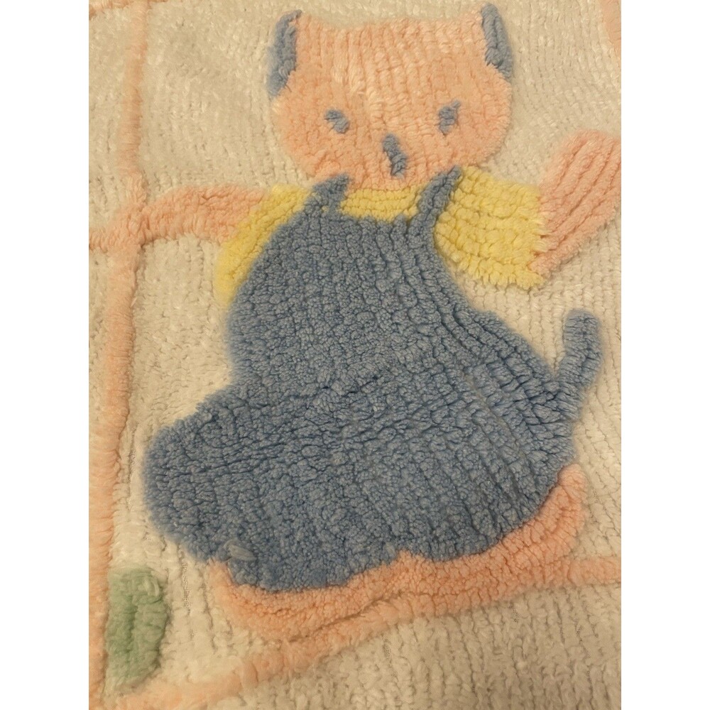 Vtg Chenille Baby Blanket Pink Kitty Blue Bibs 42” X 65” New Crib Spread - Picture 5 of 10
